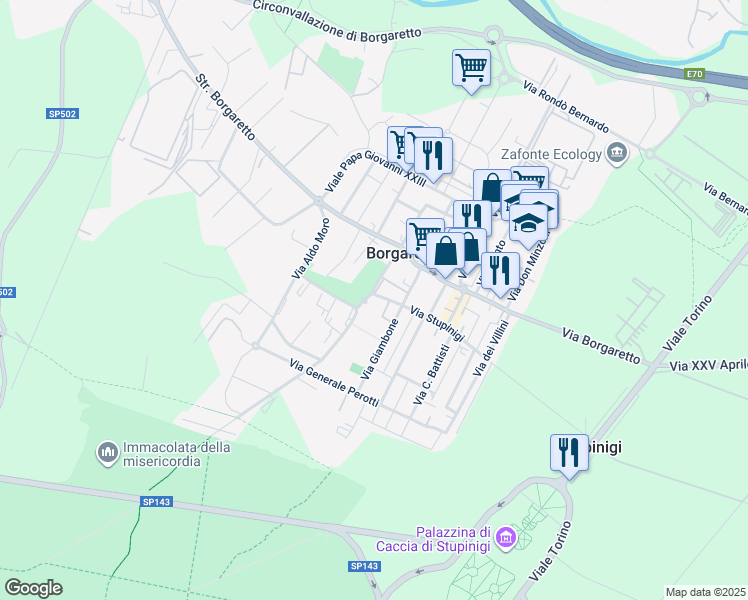 map of restaurants, bars, coffee shops, grocery stores, and more near 11F Via Orbassano in Borgaretto