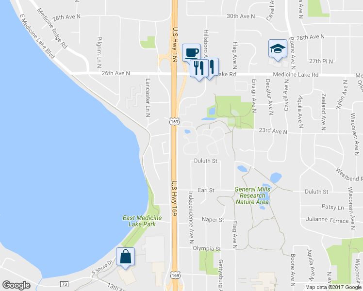 map of restaurants, bars, coffee shops, grocery stores, and more near 2103 Tamarin Trail in Minneapolis