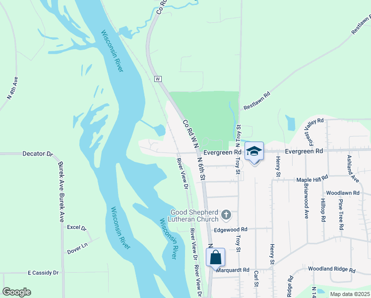 map of restaurants, bars, coffee shops, grocery stores, and more near 550 Evergreen Road in Wausau