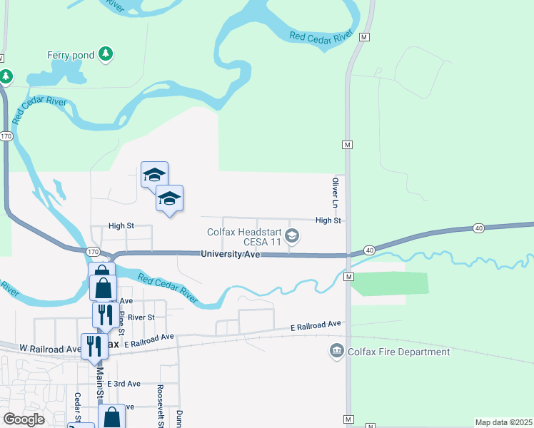 map of restaurants, bars, coffee shops, grocery stores, and more near 925 High Street in Colfax