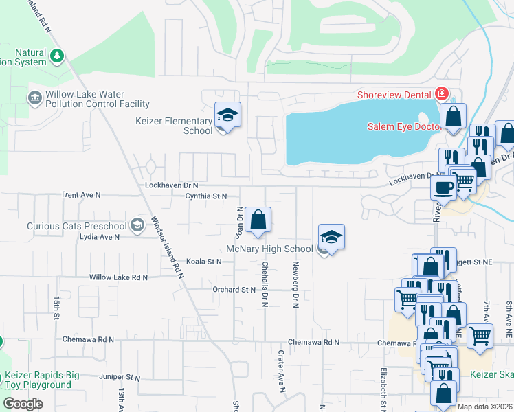 map of restaurants, bars, coffee shops, grocery stores, and more near 5415 Chehalis Drive North in Keizer
