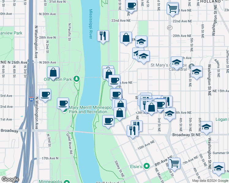 map of restaurants, bars, coffee shops, grocery stores, and more near 1500 Marshall Street Northeast in Minneapolis