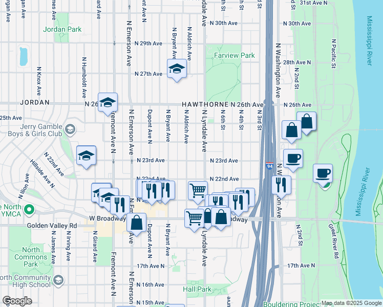 map of restaurants, bars, coffee shops, grocery stores, and more near 2308 North Aldrich Avenue in Minneapolis