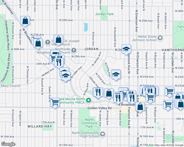 map of restaurants, bars, coffee shops, grocery stores, and more near 2325 North Ilion Avenue in Minneapolis