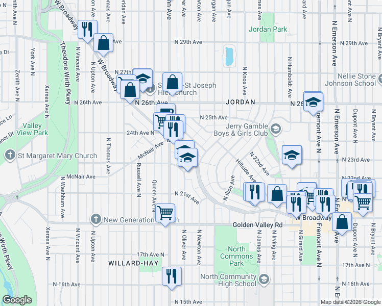 map of restaurants, bars, coffee shops, grocery stores, and more near 2046 West Broadway Avenue in Minneapolis