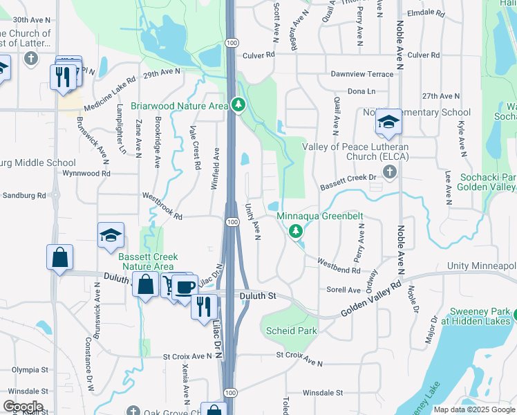 map of restaurants, bars, coffee shops, grocery stores, and more near 2300 Unity Avenue North in Minneapolis