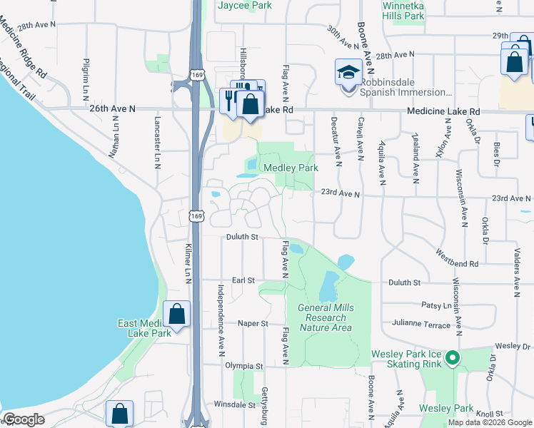 map of restaurants, bars, coffee shops, grocery stores, and more near 2114 Marquis Road in Minneapolis