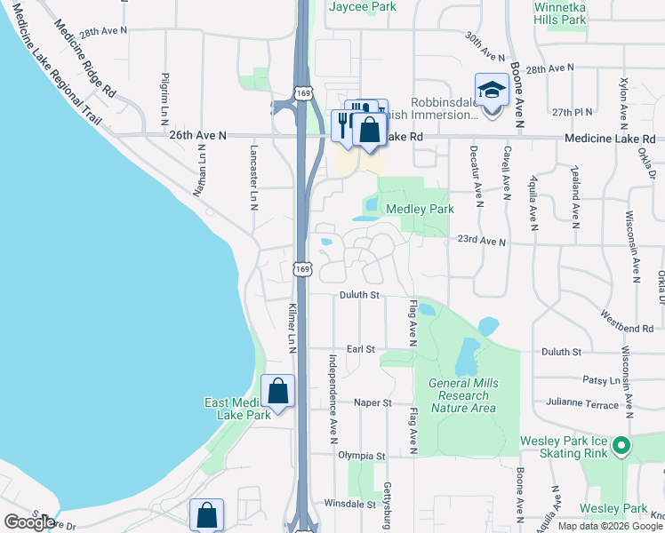 map of restaurants, bars, coffee shops, grocery stores, and more near 2140 Tamarin Trail in Minneapolis