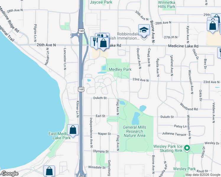map of restaurants, bars, coffee shops, grocery stores, and more near 2114 Marquis Road in Minneapolis
