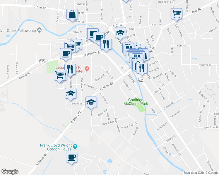 map of restaurants, bars, coffee shops, grocery stores, and more near 423 West Main Street in Silverton