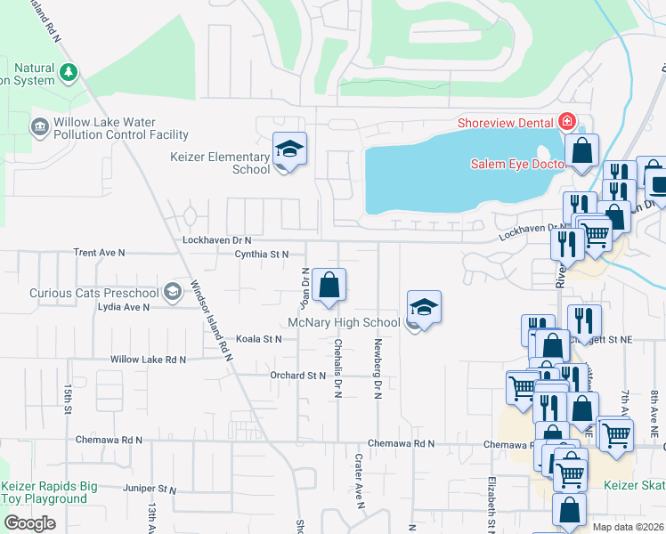map of restaurants, bars, coffee shops, grocery stores, and more near 5415 Chehalis Drive North in Keizer