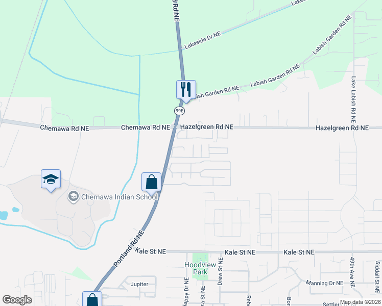 map of restaurants, bars, coffee shops, grocery stores, and more near 5585 43rd Way Northeast in Salem