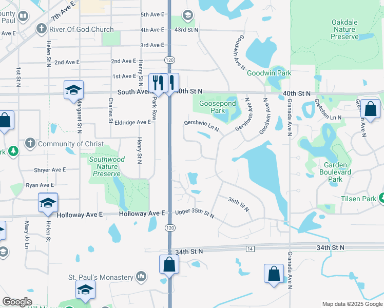 map of restaurants, bars, coffee shops, grocery stores, and more near 3604 Gershwin Place in Oakdale