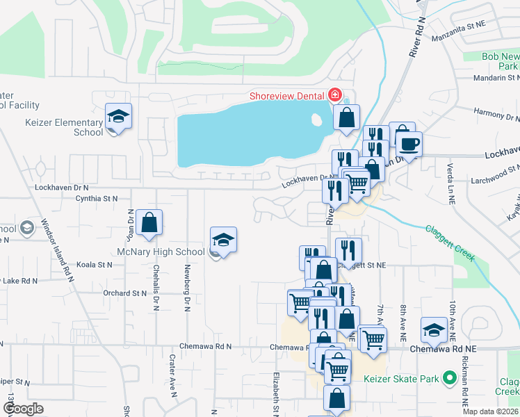 map of restaurants, bars, coffee shops, grocery stores, and more near 5355 River Road North in Keizer