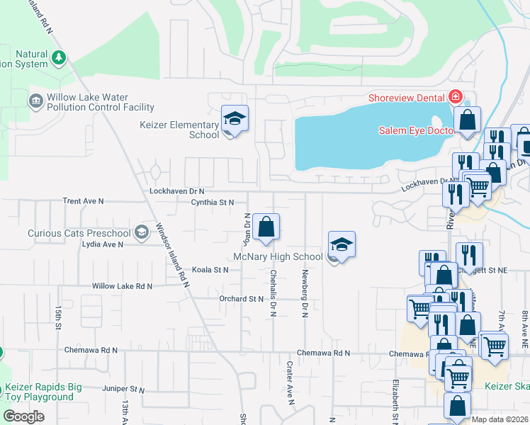 map of restaurants, bars, coffee shops, grocery stores, and more near 818 Chehalis Place North in Keizer