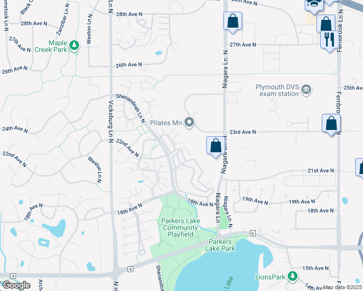 map of restaurants, bars, coffee shops, grocery stores, and more near 2230 Ranchview Lane North in Plymouth