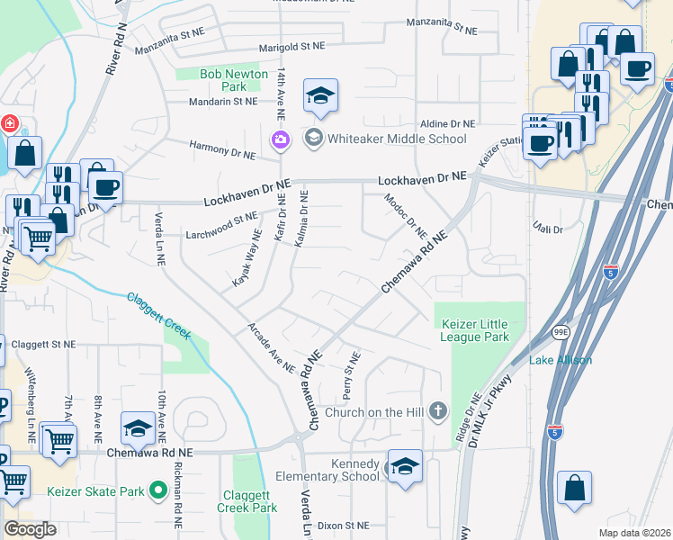 map of restaurants, bars, coffee shops, grocery stores, and more near 5486 Chetco Court Northeast in Keizer