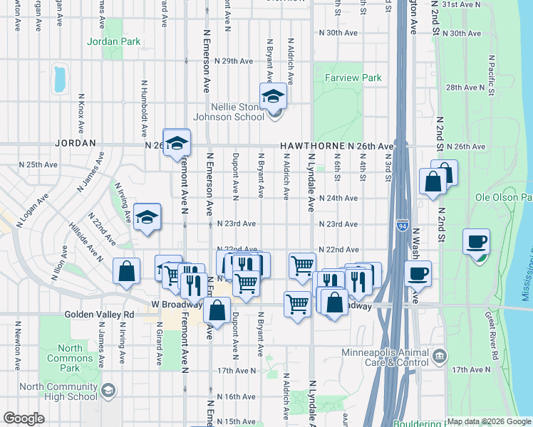 map of restaurants, bars, coffee shops, grocery stores, and more near 2310 North Bryant Avenue in Minneapolis