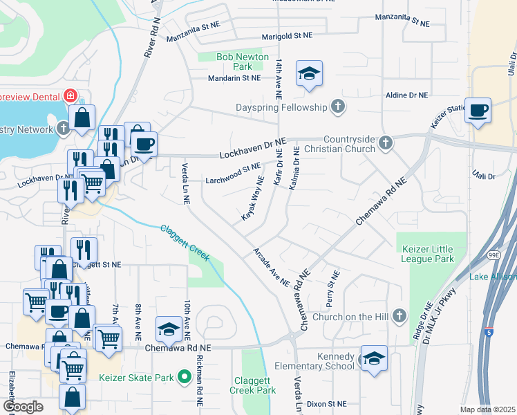 map of restaurants, bars, coffee shops, grocery stores, and more near 5478 Kayak Way Northeast in Keizer