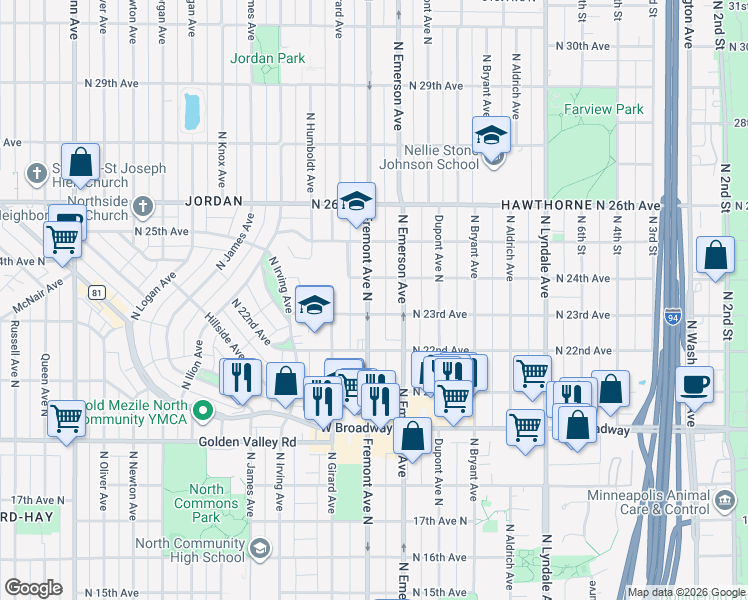 map of restaurants, bars, coffee shops, grocery stores, and more near 2310 North Fremont Avenue in Minneapolis