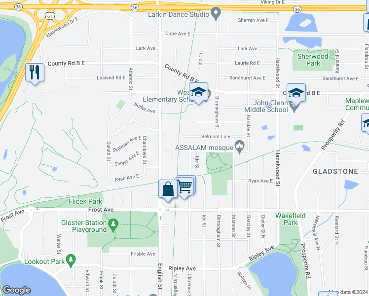 map of restaurants, bars, coffee shops, grocery stores, and more near 1347 Skillman Avenue East in Maplewood