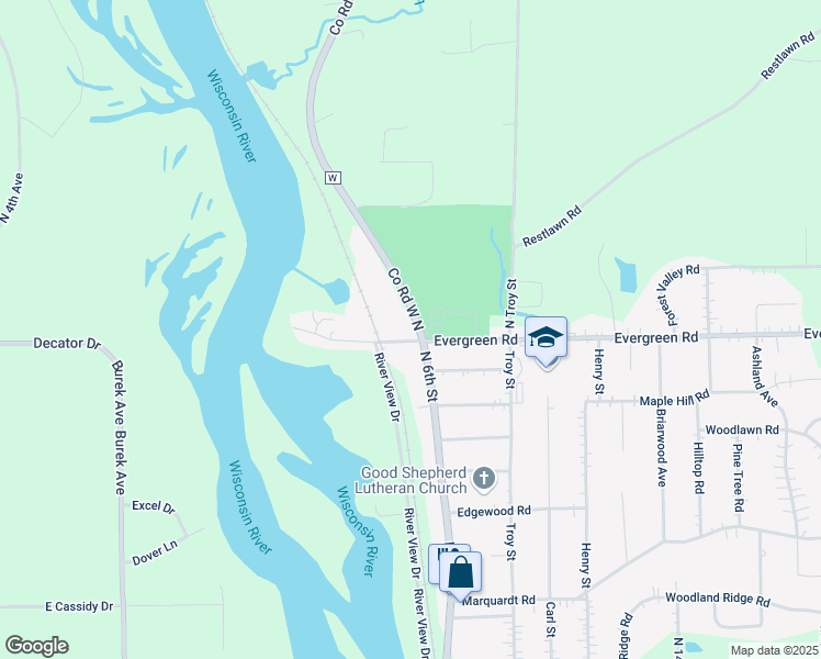 map of restaurants, bars, coffee shops, grocery stores, and more near 550 Evergreen Road in Wausau
