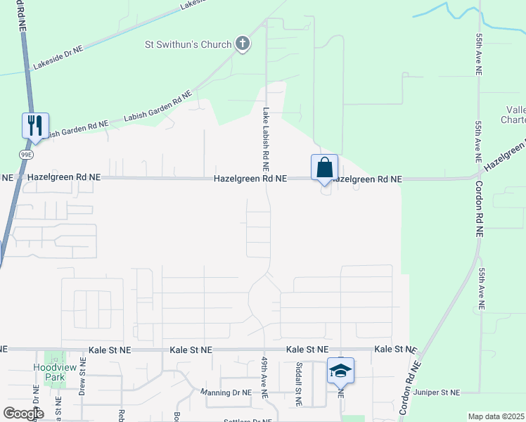 map of restaurants, bars, coffee shops, grocery stores, and more near 4933 Hazelgreen Road Northeast in Salem
