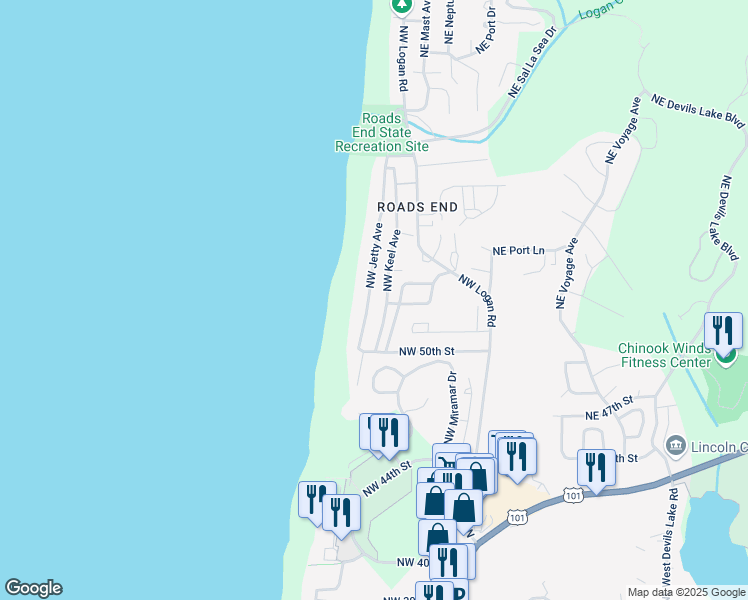 map of restaurants, bars, coffee shops, grocery stores, and more near 5208 Northwest Jetty Avenue in Lincoln City