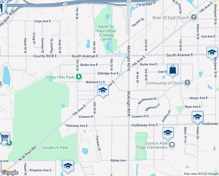 map of restaurants, bars, coffee shops, grocery stores, and more near 2210 7th Avenue East in North Saint Paul