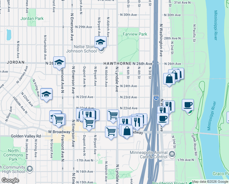 map of restaurants, bars, coffee shops, grocery stores, and more near in Minneapolis