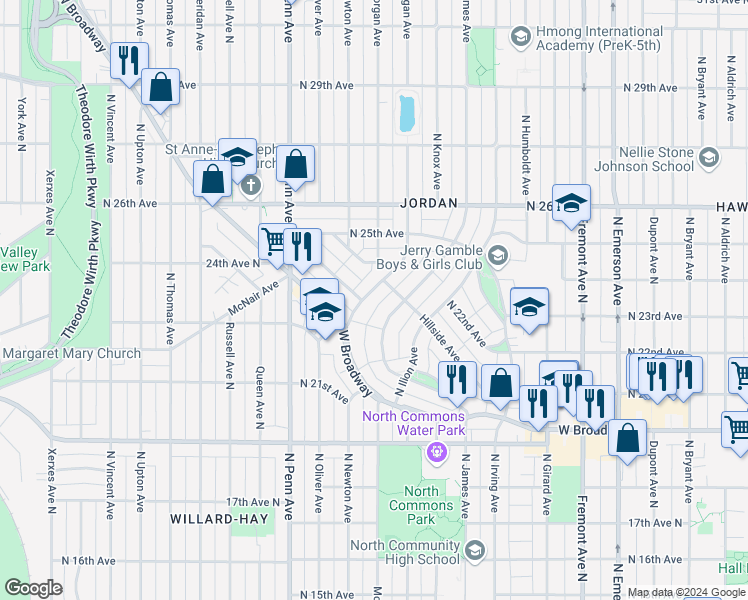 map of restaurants, bars, coffee shops, grocery stores, and more near 2324 North Logan Avenue in Minneapolis