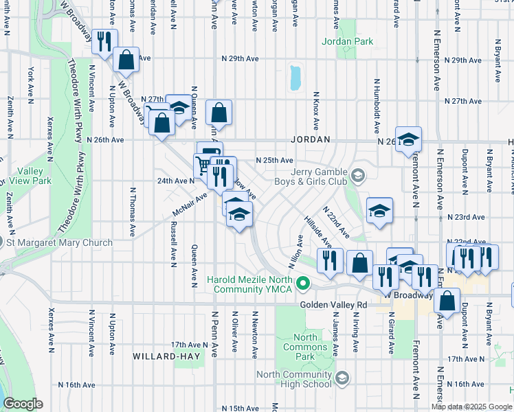 map of restaurants, bars, coffee shops, grocery stores, and more near 2046 West Broadway Avenue in Minneapolis