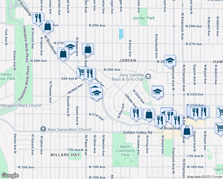 map of restaurants, bars, coffee shops, grocery stores, and more near 2324 North Logan Avenue in Minneapolis