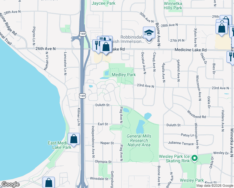 map of restaurants, bars, coffee shops, grocery stores, and more near 2114 Marquis Road in Minneapolis