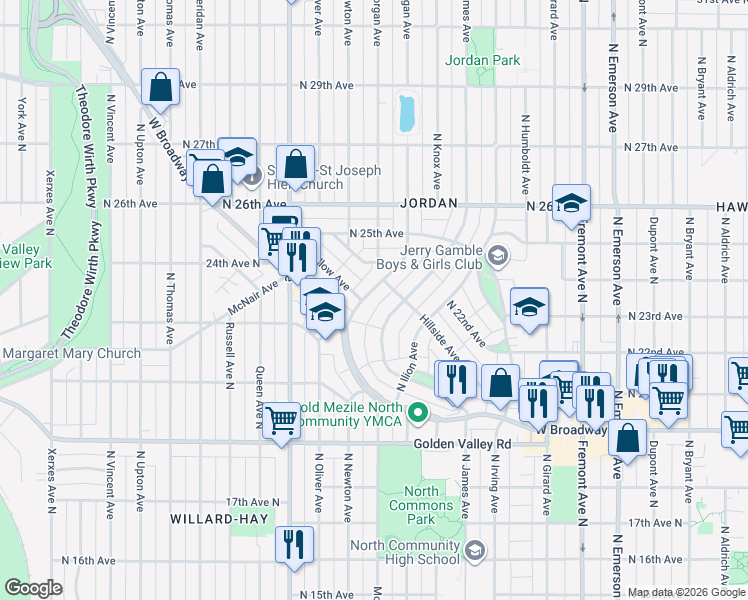 map of restaurants, bars, coffee shops, grocery stores, and more near 2324 North Logan Avenue in Minneapolis