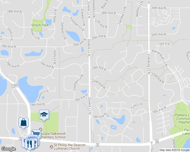 map of restaurants, bars, coffee shops, grocery stores, and more near 2225 Comstock Lane North in Plymouth