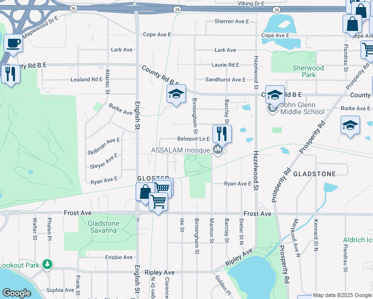 map of restaurants, bars, coffee shops, grocery stores, and more near 1383 Skillman Avenue East in Maplewood