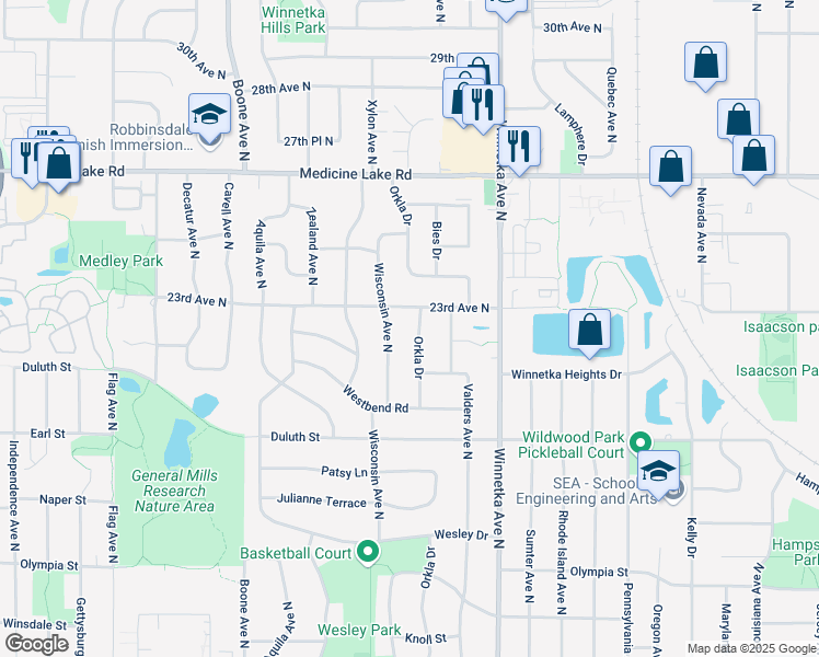 map of restaurants, bars, coffee shops, grocery stores, and more near 2205 Orkla Drive in Minneapolis