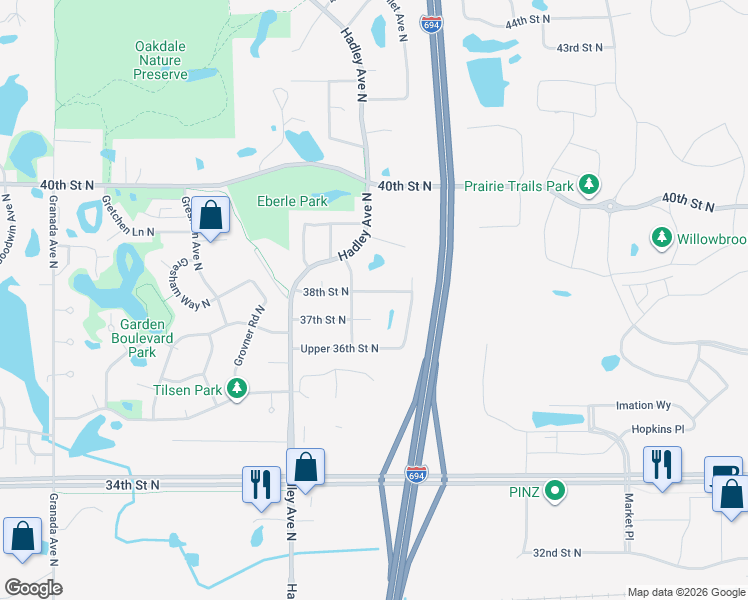 map of restaurants, bars, coffee shops, grocery stores, and more near 7171 38th Street North in Saint Paul