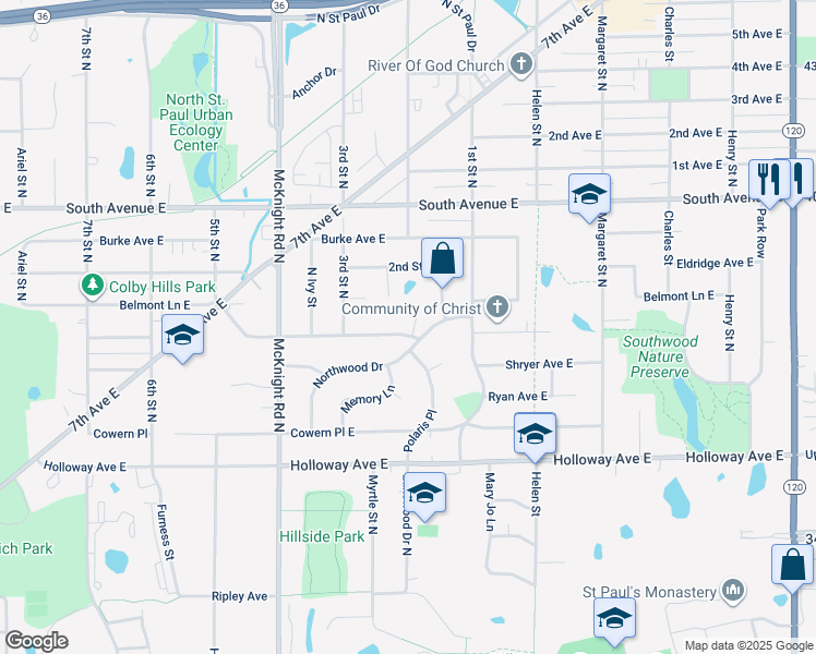 map of restaurants, bars, coffee shops, grocery stores, and more near 2379 Skillman Avenue East in Saint Paul