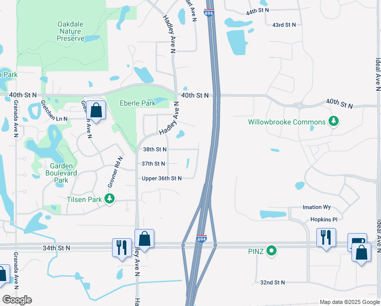 map of restaurants, bars, coffee shops, grocery stores, and more near 7243 38th Street North in Saint Paul