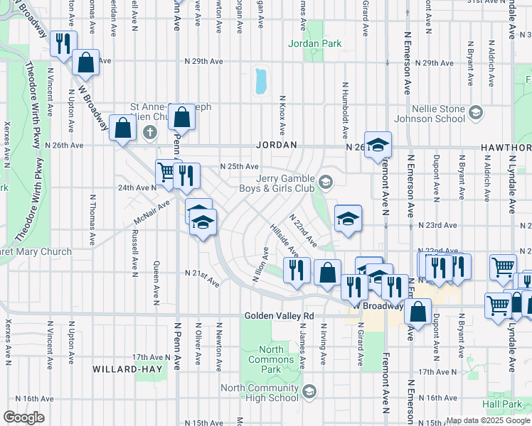 map of restaurants, bars, coffee shops, grocery stores, and more near 1714 Hillside Ave N in Minneapolis