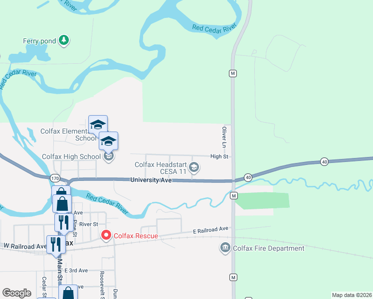 map of restaurants, bars, coffee shops, grocery stores, and more near 929 High Street in Colfax