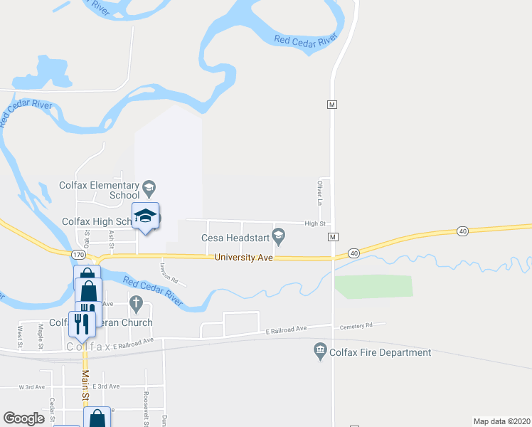 map of restaurants, bars, coffee shops, grocery stores, and more near 929 High Street in Colfax