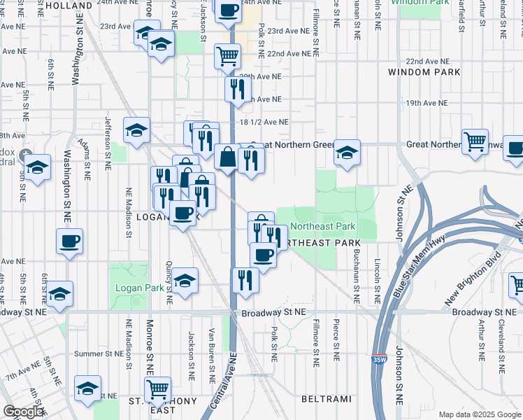 map of restaurants, bars, coffee shops, grocery stores, and more near 1503 Central Avenue Northeast in Minneapolis