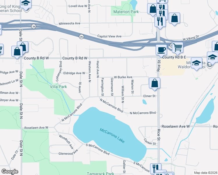 map of restaurants, bars, coffee shops, grocery stores, and more near 2054 Giesmann Street in Roseville