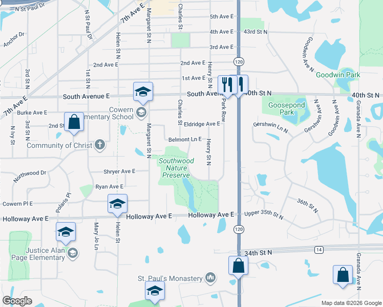 map of restaurants, bars, coffee shops, grocery stores, and more near 2062 Parkway Drive in North Saint Paul