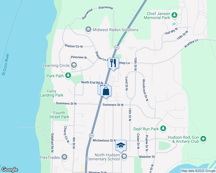 map of restaurants, bars, coffee shops, grocery stores, and more near 722 6th Street North in Hudson