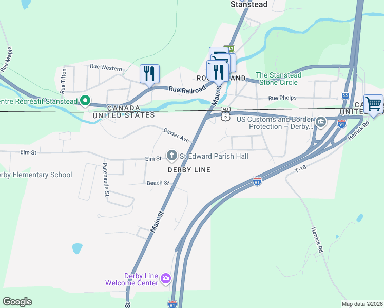 map of restaurants, bars, coffee shops, grocery stores, and more near 197 Main Street in Derby