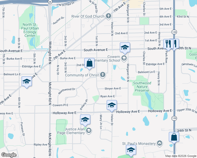 map of restaurants, bars, coffee shops, grocery stores, and more near 2046 1st Street North in North Saint Paul